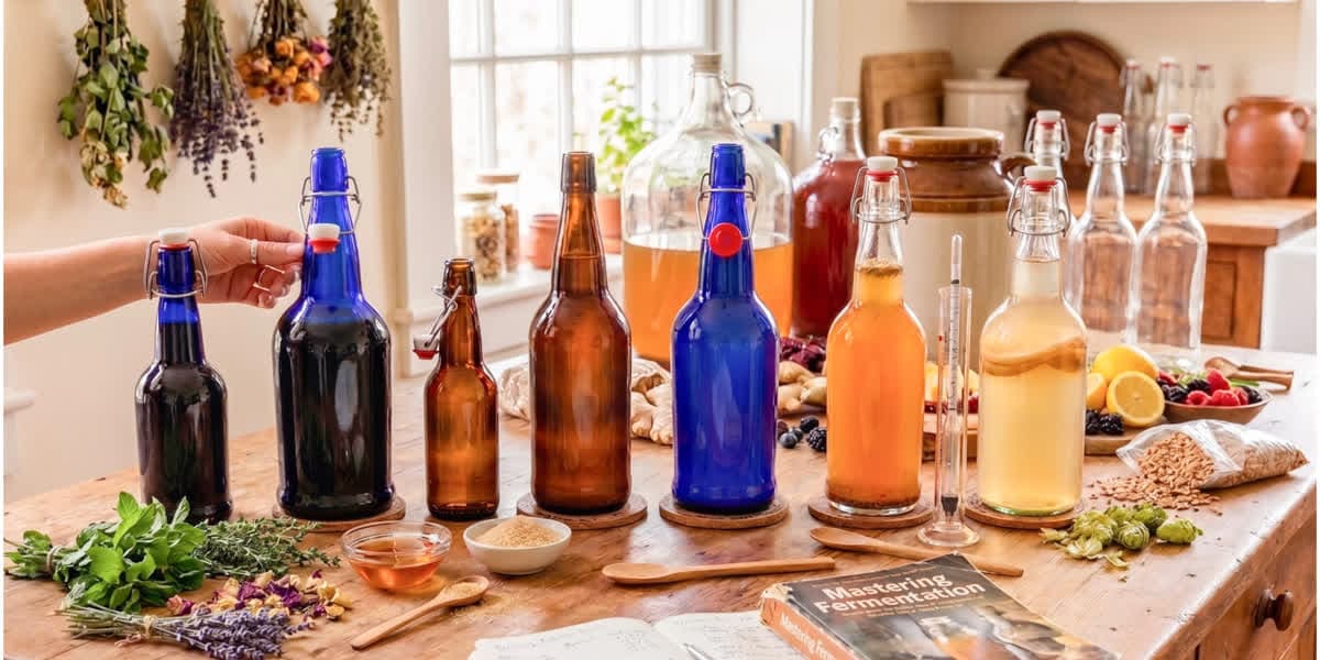 Assorted FastBrewing bottles and fermentation supplies on a wooden table